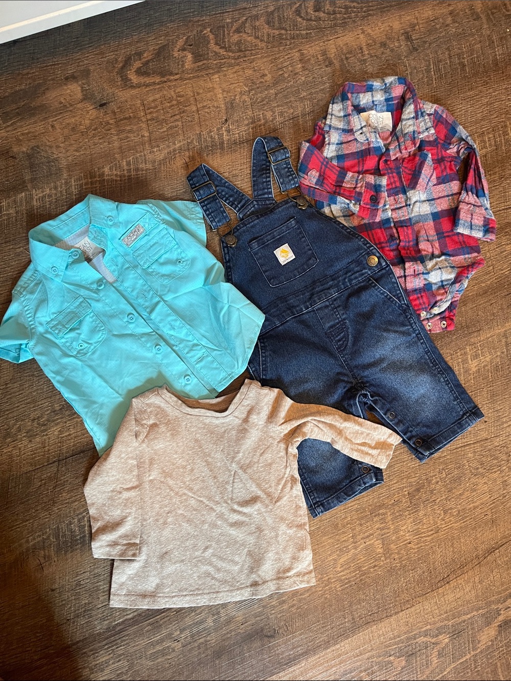 Ocean Coast Dark Blue Denim Overalls with Teal & Red Plaid Shirts Bundle